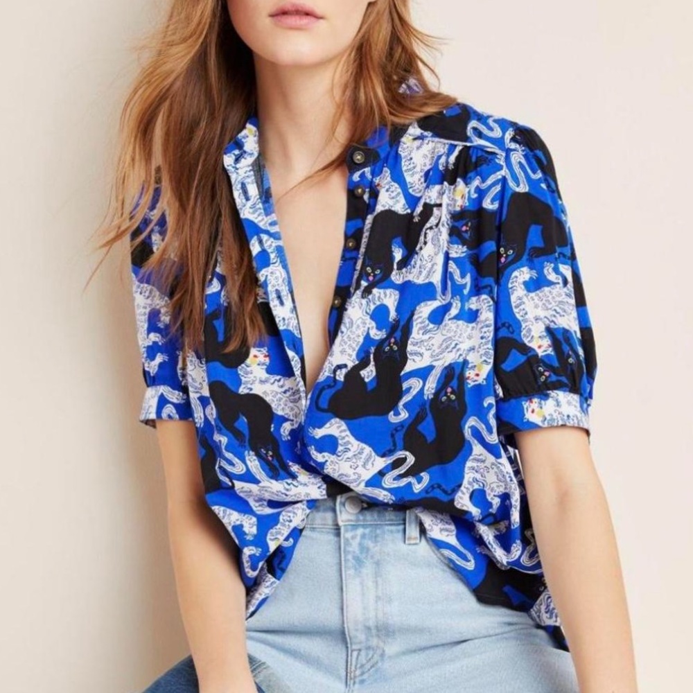 Anthropologie Blue Black White Printed Short-Sleeve Blouse